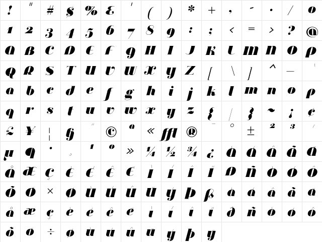 Jeanne Moderno OT UltraItalic  glyph index