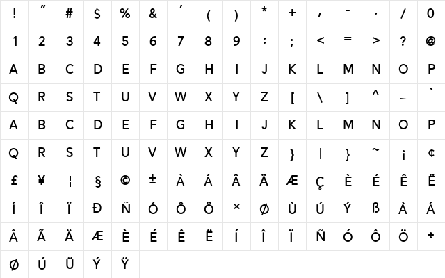 Alesand Bold  glyph index