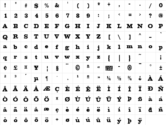 ChesterfieldCondensed Regular  glyph index
