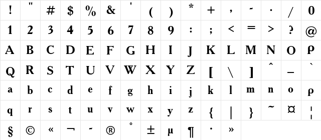 AcademyC Bold  glyph index