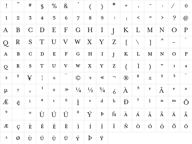 MrsEavesSmallCaps Regular  glyph index