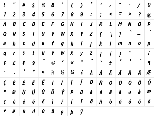 Gotham XNarrow Bold Italic  glyph index