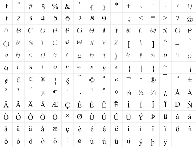 Jail House Regular  glyph index