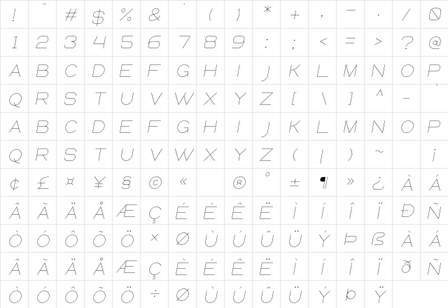 Queental Light Italic  glyph index
