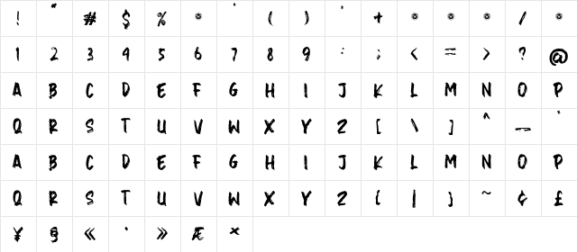 Balibrush Regular  glyph index