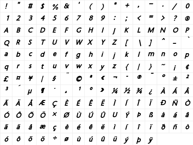 OskiDakelh Bold Italic  glyph index