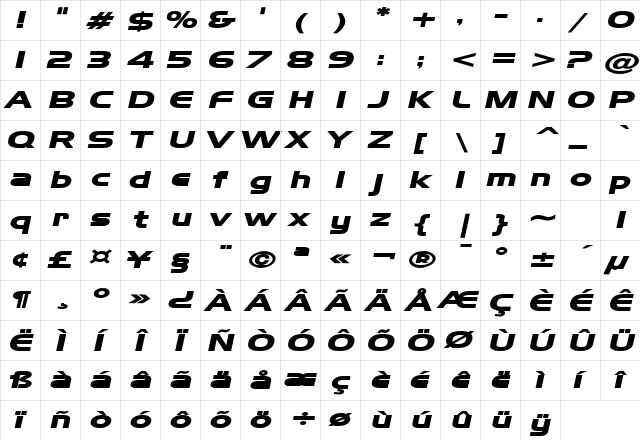 Hanzel Extended Bold Italic  glyph index