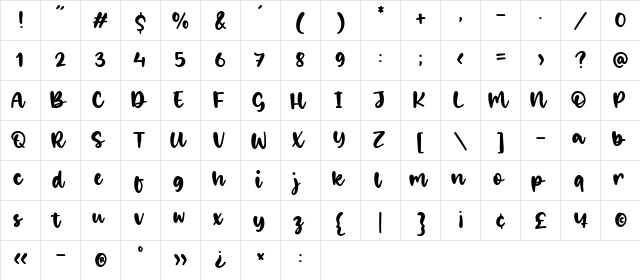Jingle Binder Regular  glyph index