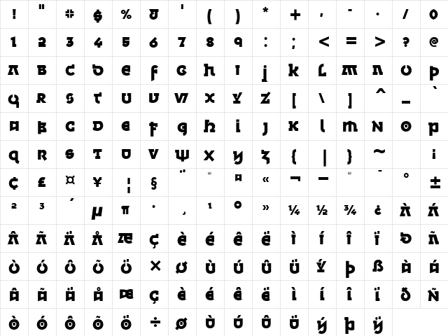 MinskaITC Bold  glyph index