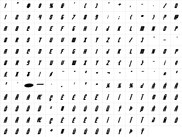 Nemesis Enforcer Bold Expanded Italic Bold Italic  glyph index