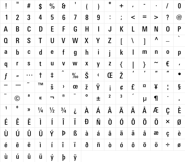 LTUnivers 520 CondMedium  glyph index