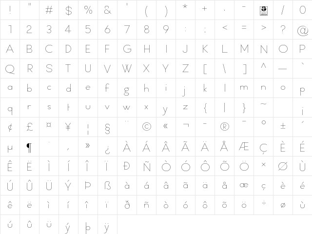 Typo Formal Light Demo Regular  glyph index