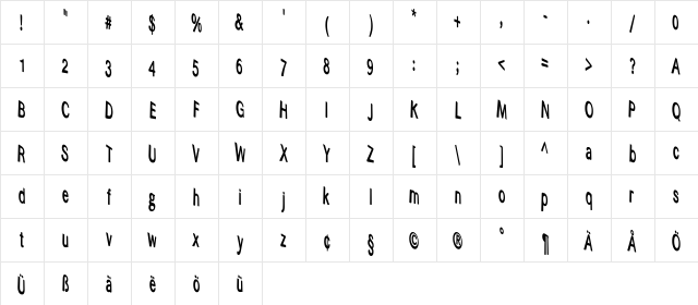 helvari CondensedRegularExtrudet  glyph index