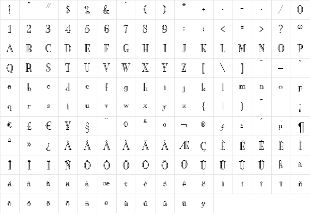 NewOrleansEngraved Regular  glyph index