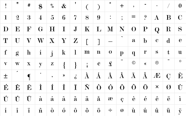 Modern Twenty CG Regular  glyph index