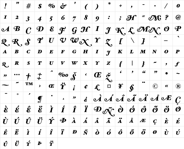 HoeflerText Black-Italic-Sw-SC  glyph index