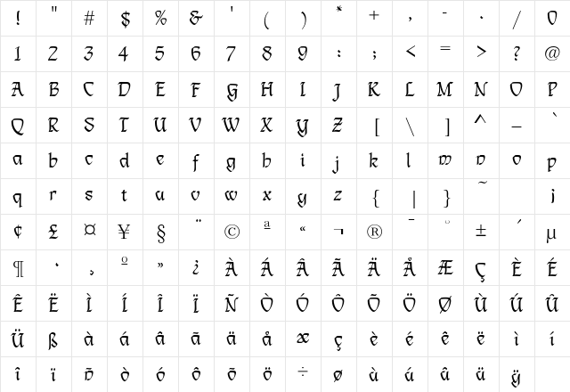 Lindsay EF Regular  glyph index