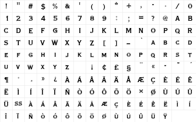 CopperplateTBolConIn1 Regular  glyph index