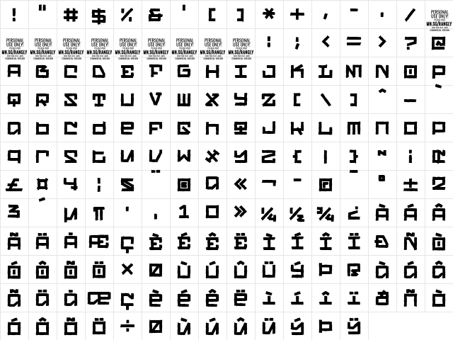 Rangly PERSONAL USE ONLY Regular  glyph index