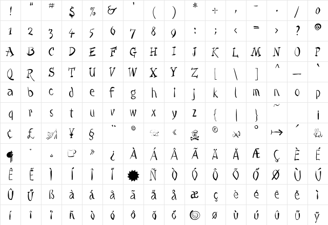 Quill Extra Regular  glyph index