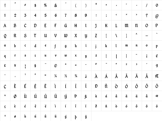 House Holiday Gothic  glyph index