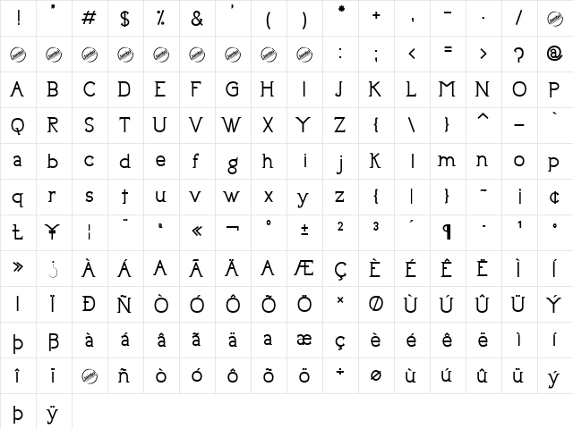 Uptown Elegance Bold  glyph index