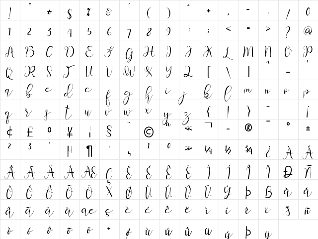sherllia Regular  glyph index