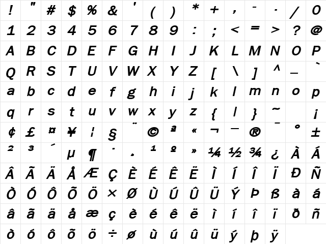 LibraryGothicExtraBold Italic  glyph index