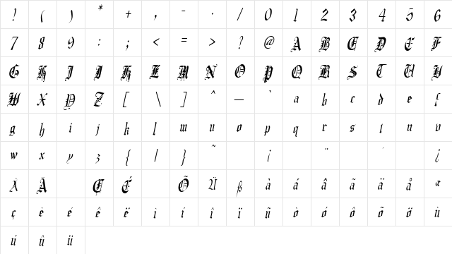 CrusaderGothicCondensed Italic  glyph index