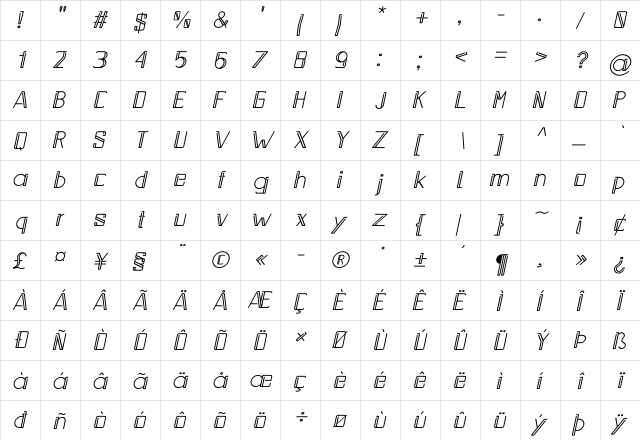Walterson Italic Regular  glyph index
