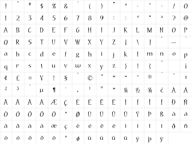 Trapeze Regular  glyph index