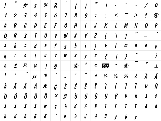 BrushDom Italic  glyph index