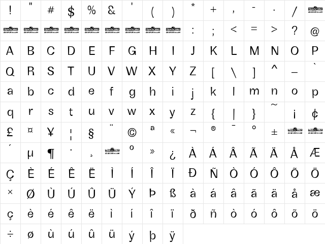 Boring Sans B Trial Regular  glyph index