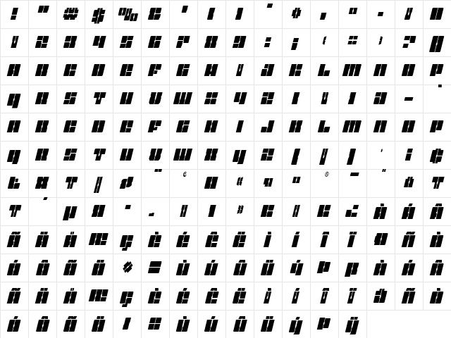 Star Nursery Condensed Italic Condensed Italic  glyph index