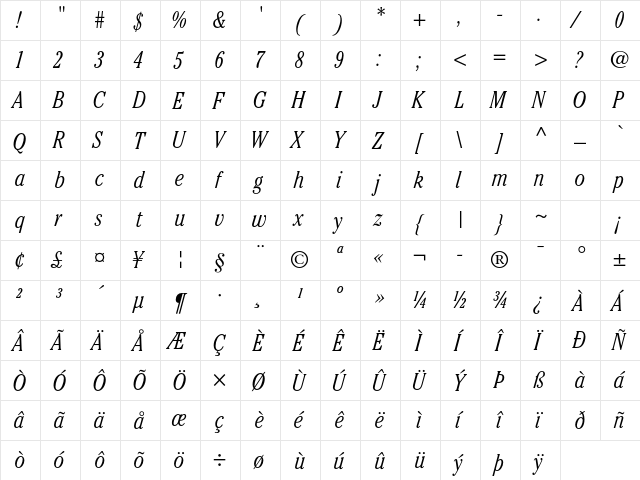 ITC Cheltenham Std Light Condensed Italic  glyph index