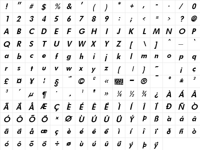 Futurist Bold Italic  glyph index