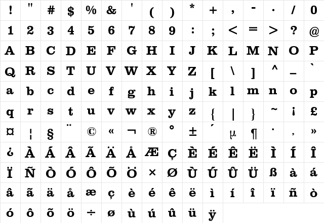 Clarendon BQ Regular  glyph index