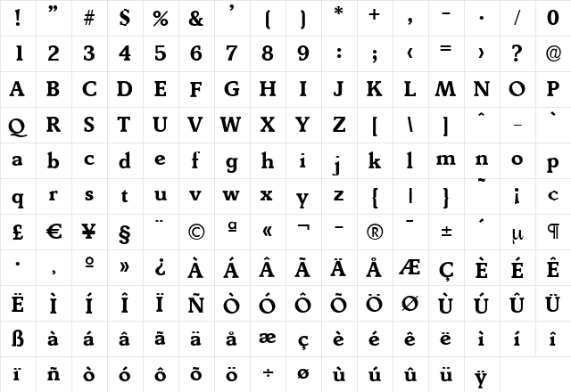 BenjaminBecker Bold  glyph index