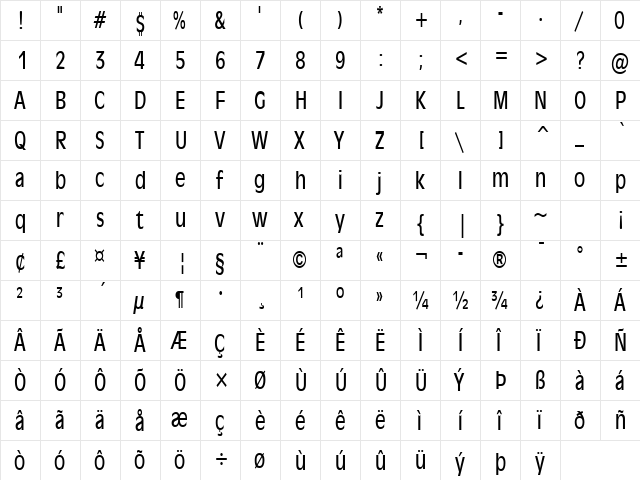 Antiqua 101 Thin Normal  glyph index