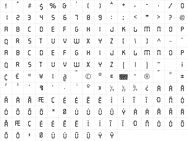 Digiface Regular  glyph index