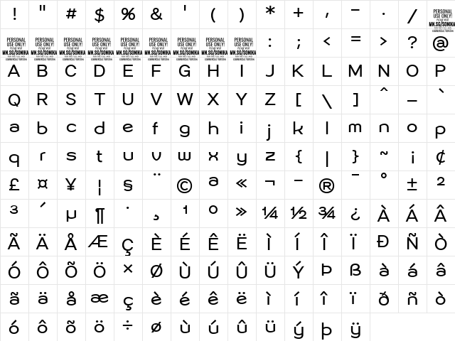 Sonika PERSONAL USE Regular  glyph index