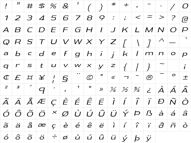 Athabasca Expanded Book Italic  glyph index
