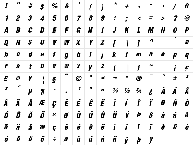 Helvetica LT Std Black Condensed Oblique  glyph index