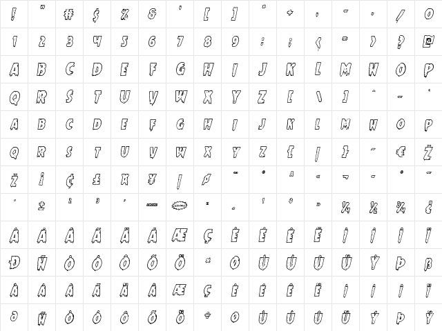 Mrs. Monster Bold Outline Italic Italic  glyph index