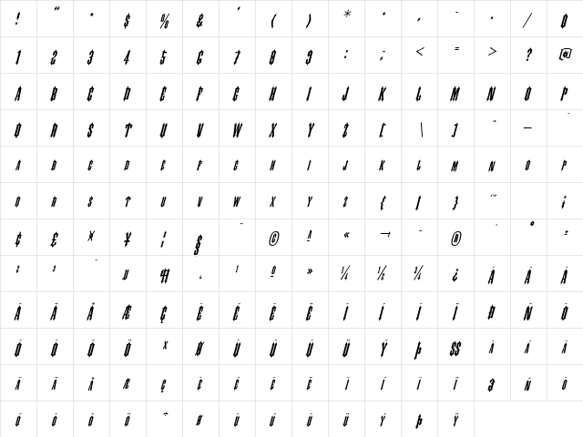Slayer Italic  glyph index