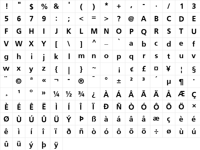 Frutiger LT Com 65 Bold  glyph index