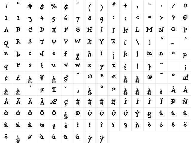 Providence Bold  glyph index