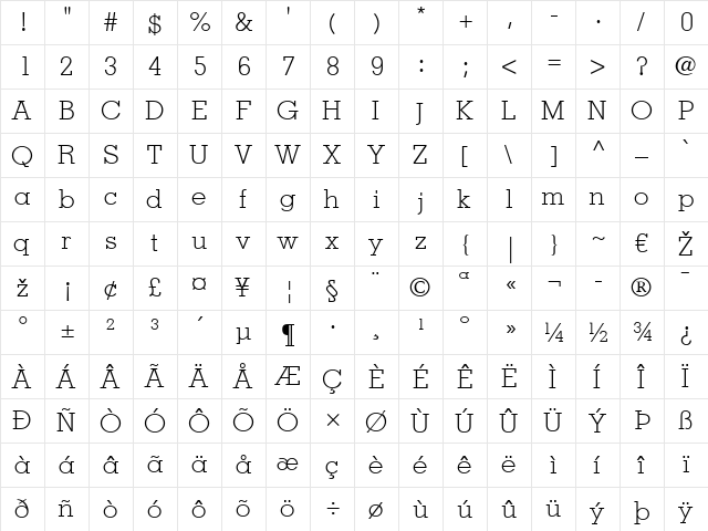 Memphis LT Light Regular  glyph index