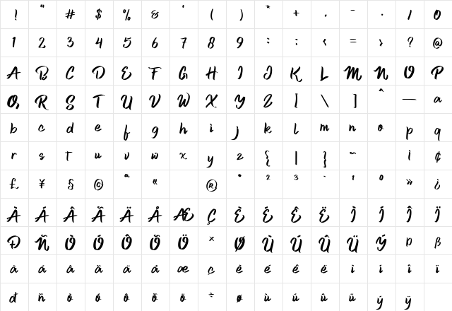 Skid Rock Regular  glyph index