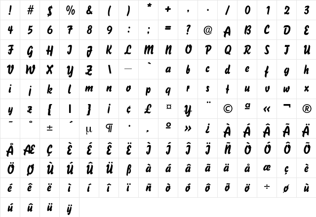 BisonLight Regular  glyph index